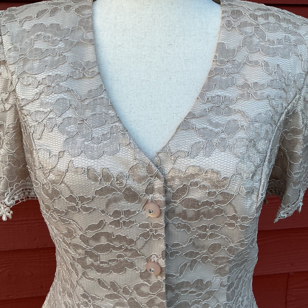 Cachet 2 Piece Dress Set Womens 12 Champagne Lace Chiffon Vintage 90s Romantic - Picture 10 of 14
